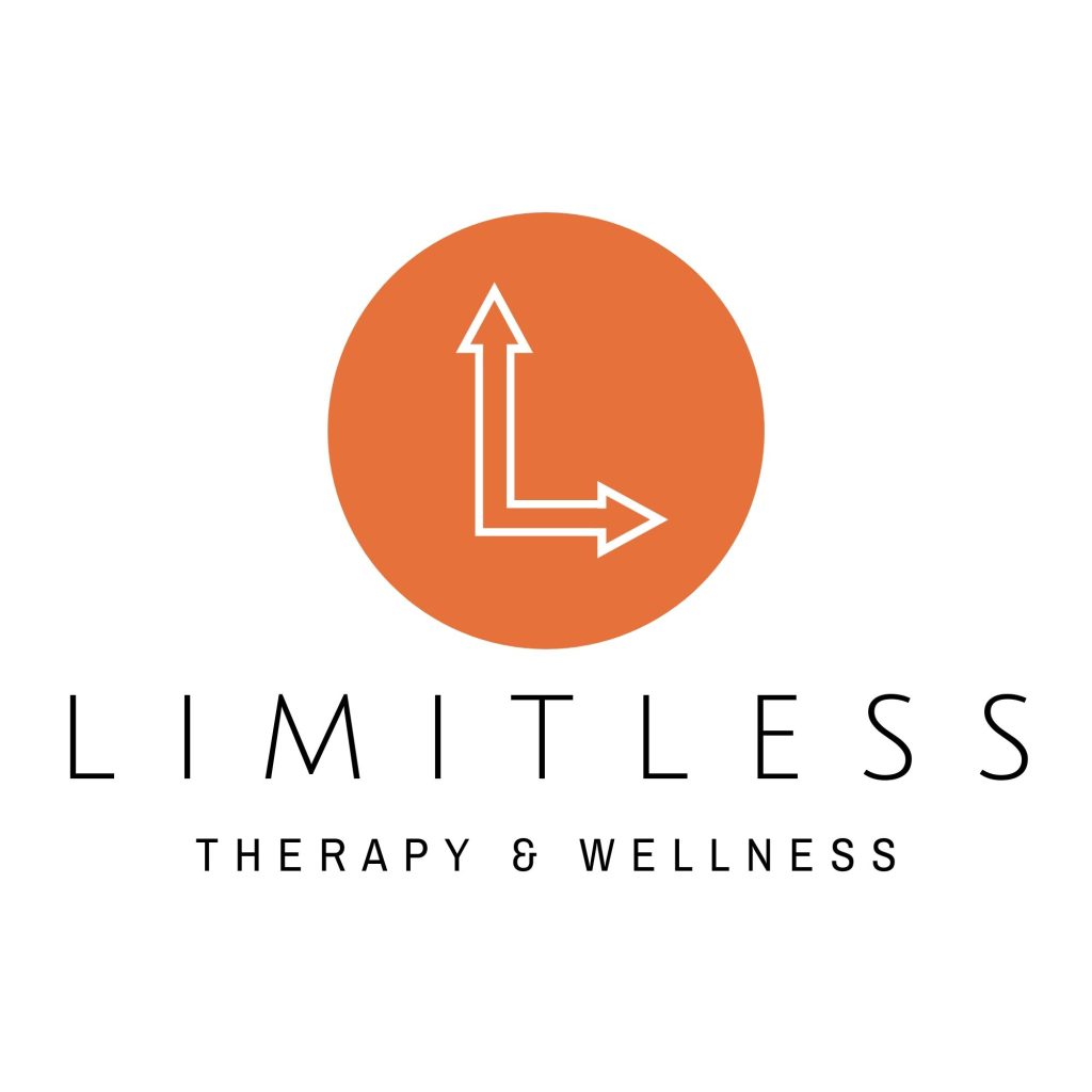 Orange circle with two white arrows forming an "L"; text reads "Limitless Therapy & Wellness" below.