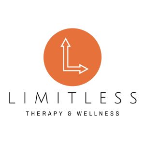 Orange circle with two white arrows forming an "L"; text reads "Limitless Therapy & Wellness" below.