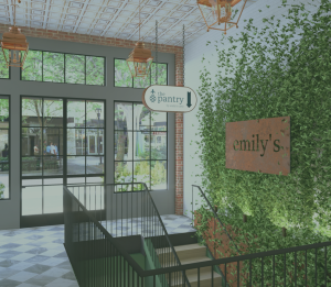 Interior view of a restaurant entrance with large windows, greenery, and signs for "the pantry" and "emily's.