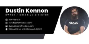 Business card for Dustin Kennon, Owner/Creative Director, with contact info and his photo on the right side.