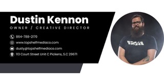 Business card for Dustin Kennon, Owner/Creative Director, with contact info and his photo on the right side.