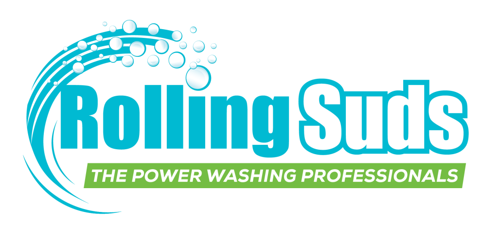 Rolling Suds logo with blue bubbles and tagline: "THE POWER WASHING PROFESSIONALS" on green background.
