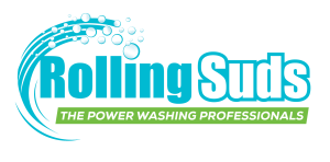 Rolling Suds logo with blue bubbles and tagline: "THE POWER WASHING PROFESSIONALS" on green background.