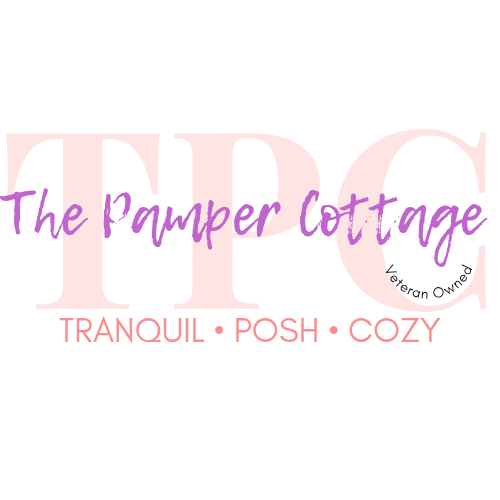 TPC logo; text reads "The Pamper Cottage. Tranquil • Posh • Cozy. Veteran Owned" in pink and purple fonts.