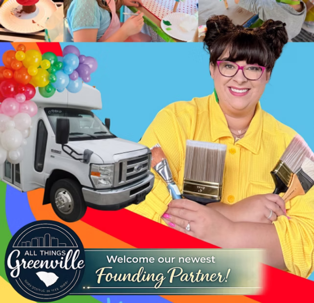 A smiling woman with paintbrushes, a van with balloons, and a welcome message for a founding partner.