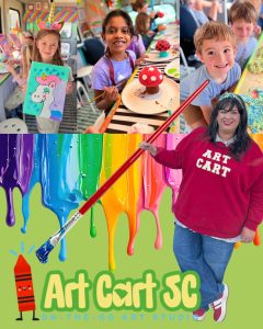 Children creating art and smiling; a woman in an "ART CART" shirt stands by colorful paint drips and logo.