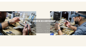Two jewelers work at benches with tools; service offerings are listed in white text in the center.