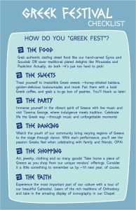 A checklist details food, sweets, music, dancing, and shopping at a Greek Festival on a blue background.