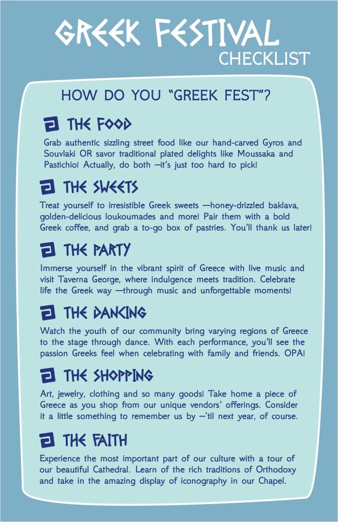 A checklist details food, sweets, music, dancing, and shopping at a Greek Festival on a blue background.