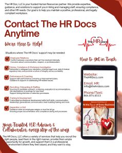 HR consulting flyer with contact info, a list of services, and red graphics emphasizing support and accessibility.