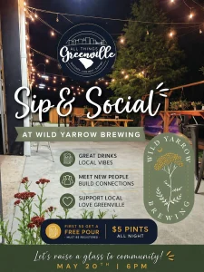 Outdoor brewery event at night with string lights, tables, and event details for "Sip & Social" at Wild Yarrow Brewing.