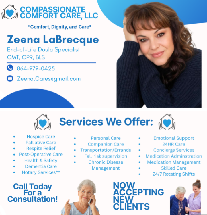 Smiling woman with brown hair above elder care service details, contact info, and “Now Accepting New Clients” notice.