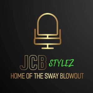 Gold and green logo reading "JCB STYLEZ, Home of the Sway Blowout," with a stylized chair above the text.