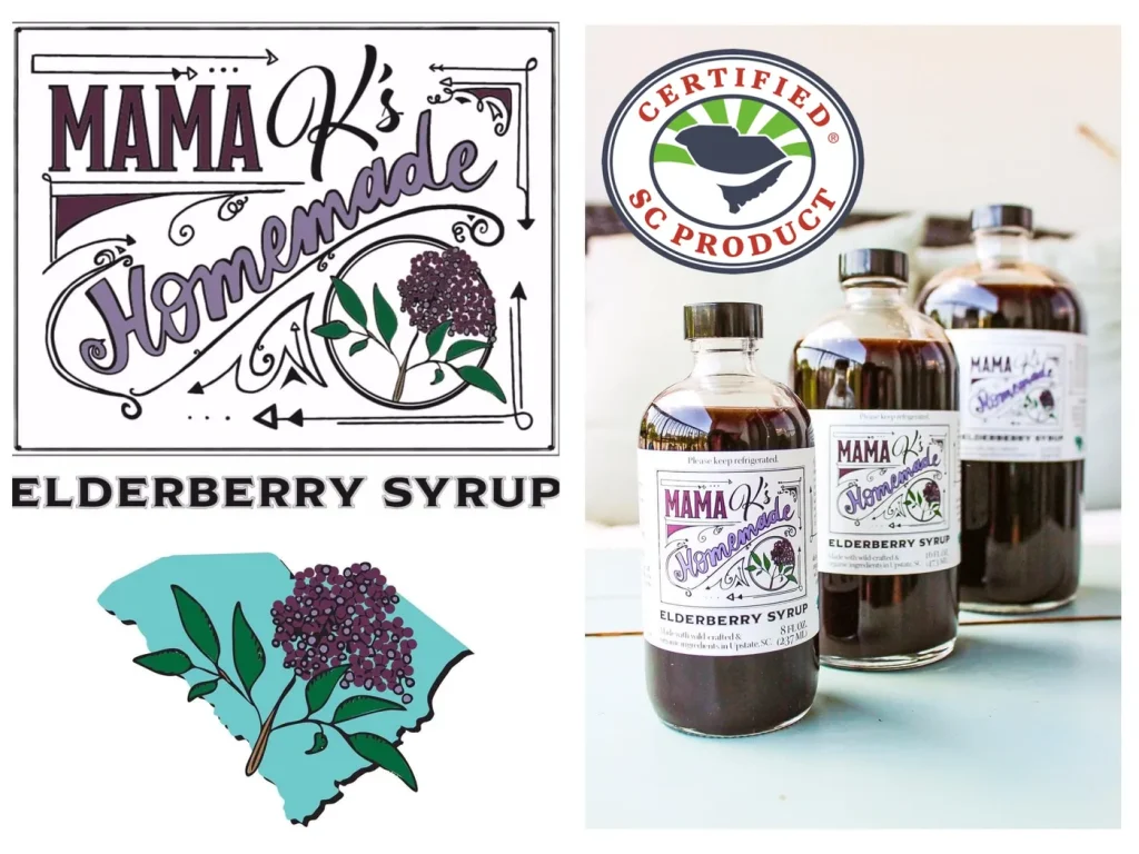 Bottles of Mama K’s Homemade Elderberry Syrup with SC Product and elderberry graphics.