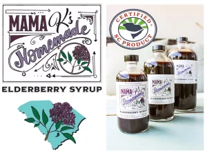 Bottles of Mama K’s Homemade Elderberry Syrup with SC Product and elderberry graphics.