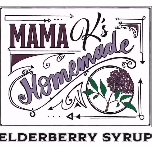 Sign reads "Mama K's Homemade" with a drawing of elderberries and "Elderberry Syrup" at the bottom.