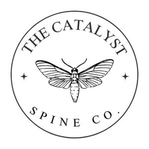 Circular logo with a detailed moth in the center and the text "The Catalyst Spine Co." surrounding it.