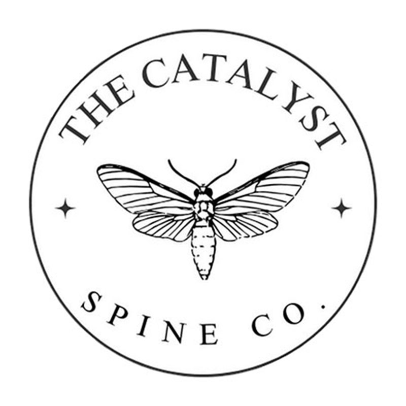 Circular logo with a detailed moth in the center and the text "The Catalyst Spine Co." surrounding it.