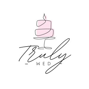 Minimalist pink wedding cake illustration above "Truly Wed" in elegant cursive and sans-serif font.