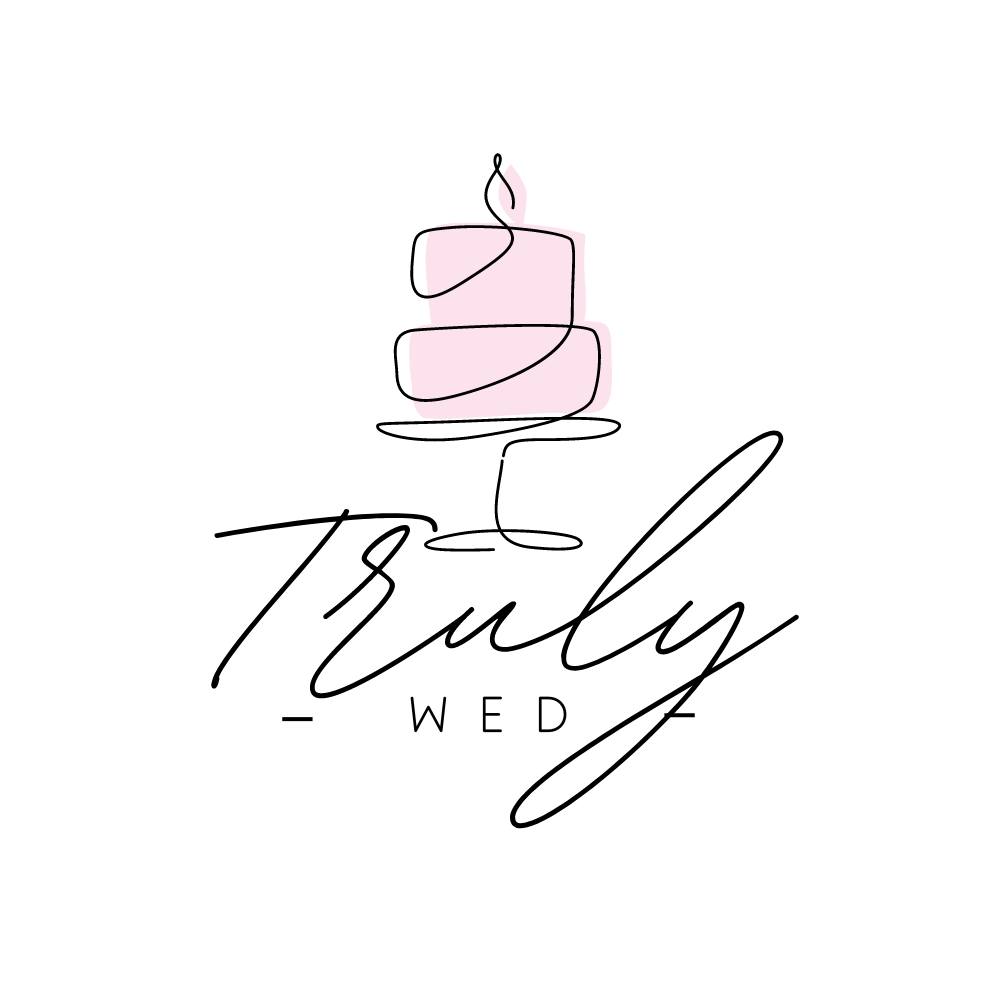 Minimalist pink wedding cake illustration above "Truly Wed" in elegant cursive and sans-serif font.