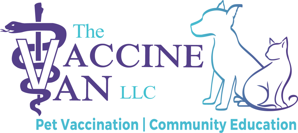 Logo with a dog, cat, veterinary symbol, and text: "The Vaccine Van LLC, Pet Vaccination | Community Education.