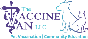 Logo with a dog, cat, veterinary symbol, and text: "The Vaccine Van LLC, Pet Vaccination | Community Education.