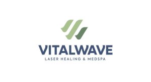 Vitalwave logo with green wave design above blue text: "VITALWAVE Laser Healing & Medspa" on white background.