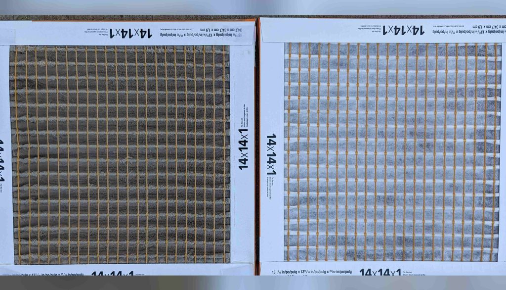 Two air filters side by side; the left one is dirty, the right one is clean. Both are labeled 14x14x1.
