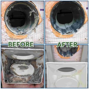 Before and after cleaning photos of a dusty, dirty vent and its cover, now clean and free of debris.