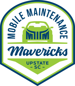Logo with a car, "Mobile Maintenance Mavericks" text, and "Upstate SC" at the bottom in blue and green colors.