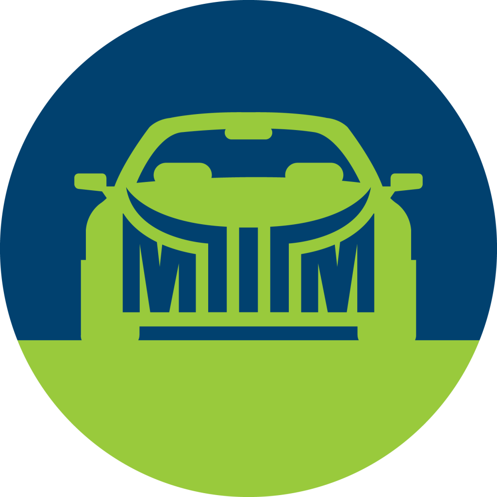 Stylized car front with "MIM" on grille in blue and green circle background.