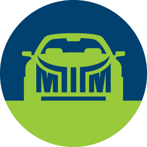 Stylized car front with "MIM" on grille in blue and green circle background.