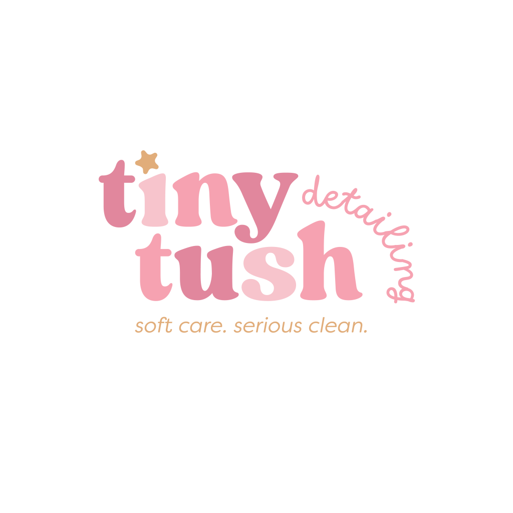 Logo with pink text: "tiny tush detailing" and tagline "soft care. serious clean." on a white background.