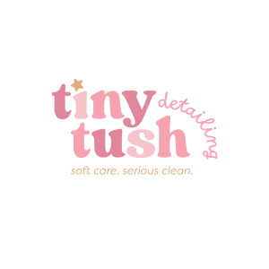 Logo with pink text: "tiny tush detailing" and tagline "soft care. serious clean." on a white background.