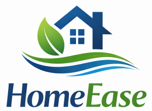 Logo with a blue house, green leaf, wave lines, and the text "HomeEase" in blue and green letters below.