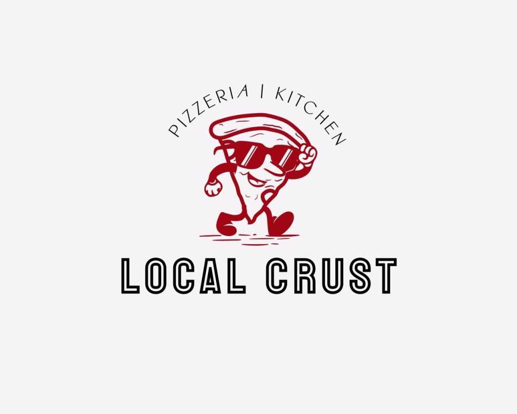 Logo with a walking pizza slice wearing sunglasses, labeled "Pizzeria | Kitchen Local Crust.