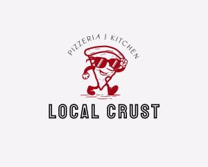 Logo with a walking pizza slice wearing sunglasses, labeled "Pizzeria | Kitchen Local Crust.