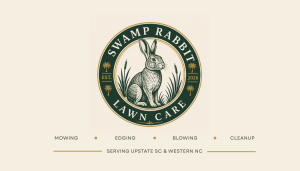 Circular logo with a rabbit and grass, reading "Swamp Rabbit Lawn Care." Text lists services and service areas.