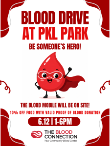 Blood drive poster with a smiling blood drop superhero and event details for June 12, 1-6 PM at PKL Park.