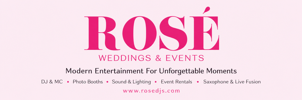 Rosé Weddings & Events promotional banner with modern entertainment services listed and website link.
