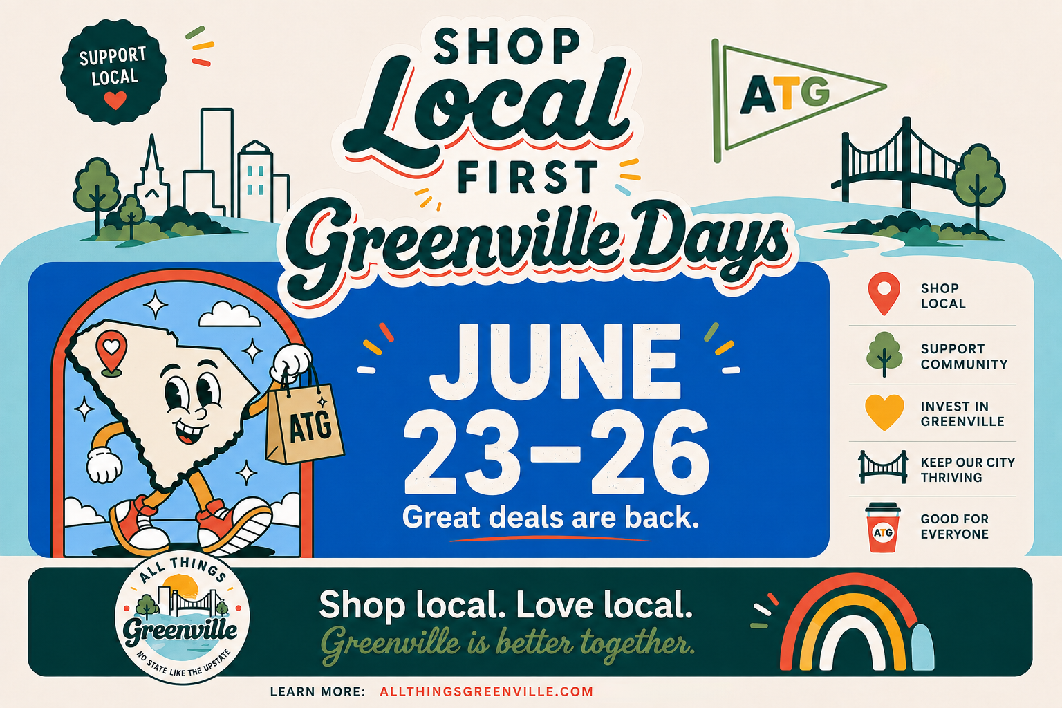 Shop Local First Greenville Days, June 23–26. Great deals and community icons; shop local message.