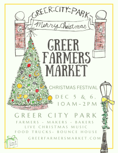 Hand-drawn poster for Greer Farmers Market Christmas Festival with a Christmas tree and event details.