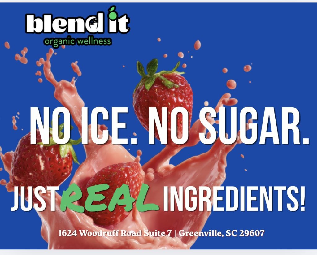 Three strawberries splash in pink liquid with text: "No ice. No sugar. Just real ingredients!.