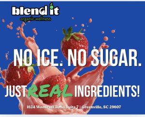 Three strawberries splash in pink liquid with text: "No ice. No sugar. Just real ingredients!.