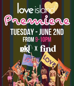 Love Island premiere poster with swimsuit-clad cast holding flags, airing Tuesday, June 2nd from 9-10pm.