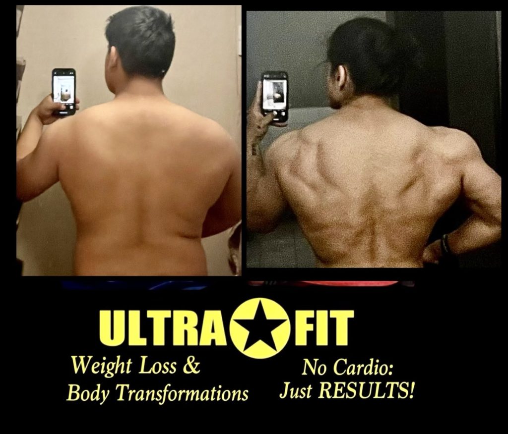 Before-and-after back photos showing muscle gain, with ULTRAFIT logo and fitness slogans below.