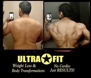 Before-and-after back photos showing muscle gain, with ULTRAFIT logo and fitness slogans below.