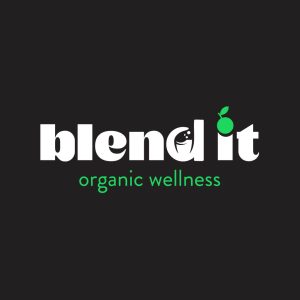 Blend It organic wellness logo with fruit graphic as letter 'i' dot on a black background.