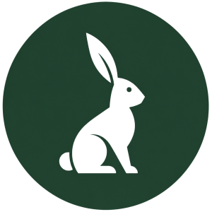 White rabbit silhouette on a dark green circular background, facing right.