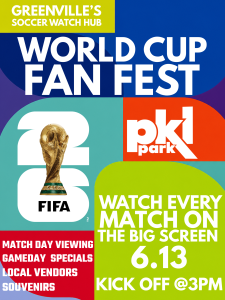 Poster for World Cup Fan Fest at pkl park; event details and FIFA trophy image with colorful background.
